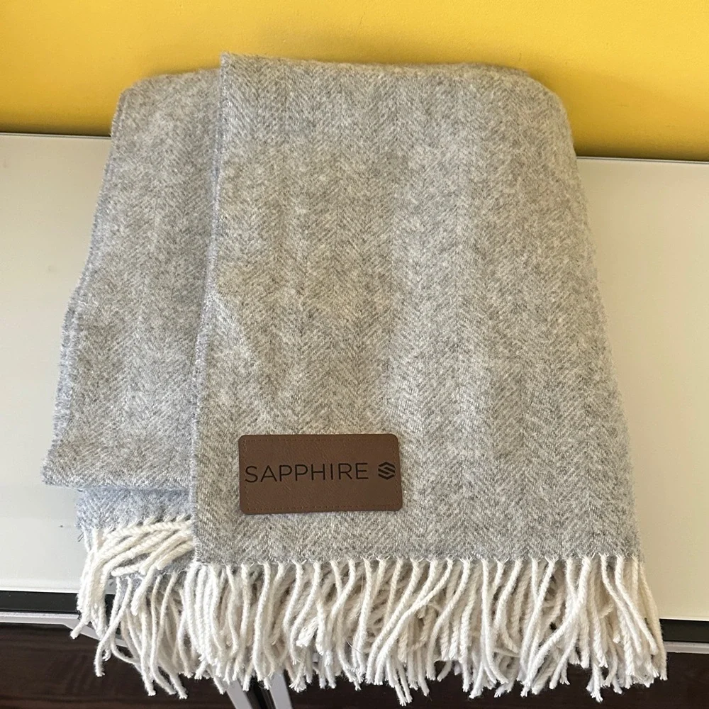 Terry Town Australian Fine Wool Blend Gray Herringbone Throw Blanket with Fringe